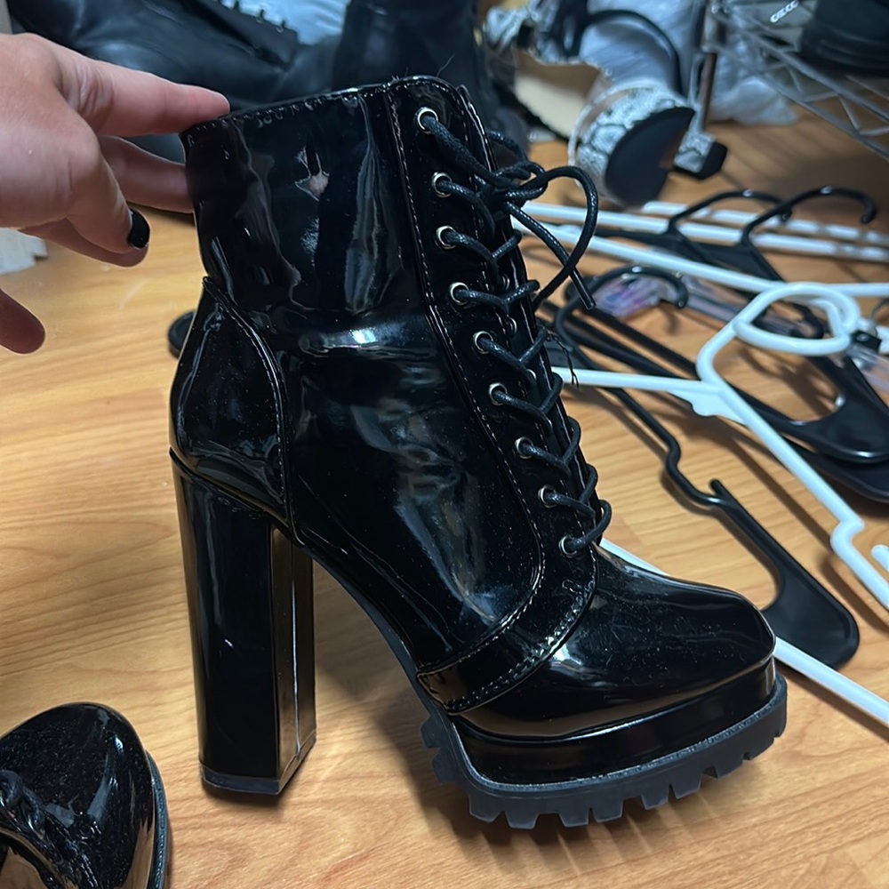 wild diva black patent leather lace up booties
